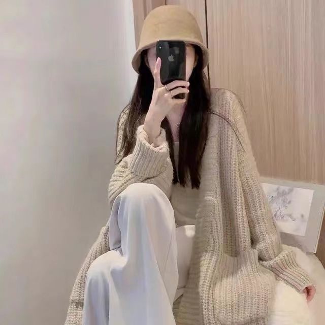秋冬慵懒风潮中长款过膝毛衣外套女宽松百搭打底长袖针织开衫加厚|undefined