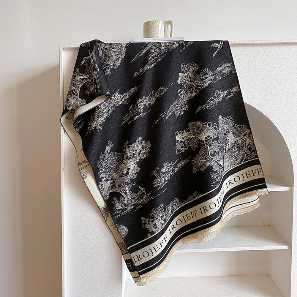 Jacquard Landscape Painting Cashmere Scarf For Women's Office Air-conditioned Room Thick And Warm Long Trendy Scarf_voghion.com