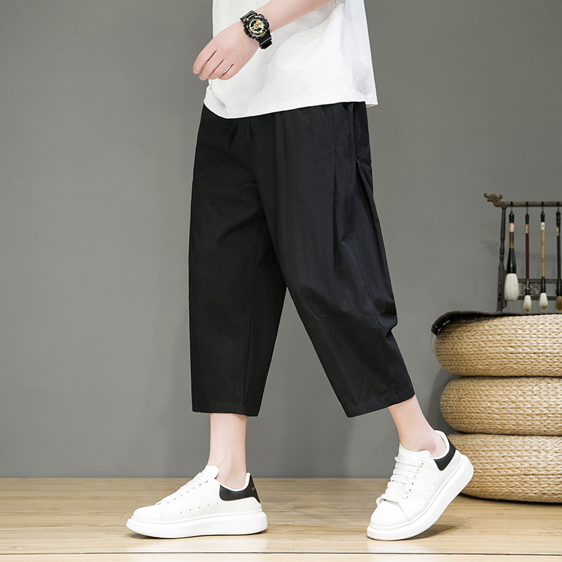 Pantalones cortos de lino, pantalones finos de verano para hombres, pantalones rectos sueltos, pantalones de 7 puntos de algodón y lino de estilo chino, pantalones cortos casuales