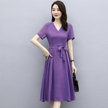 今年流行紫色中长款连衣裙2024年新款夏天雪纺收腰名媛御姐长裙子