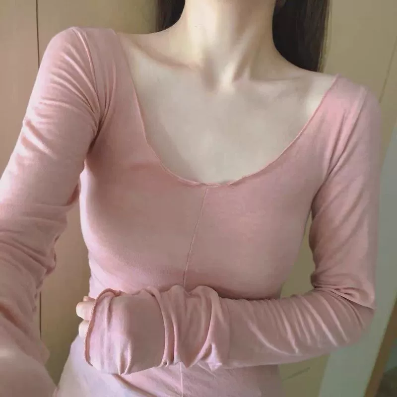 Atmosphere Macaron, большая Однотонная футболка с длинными рукавами и U-образным вырезом, футболка с длинными рукавами, тонкая Базовая рубашка, Солнцезащитная рубашка, наборный Топ