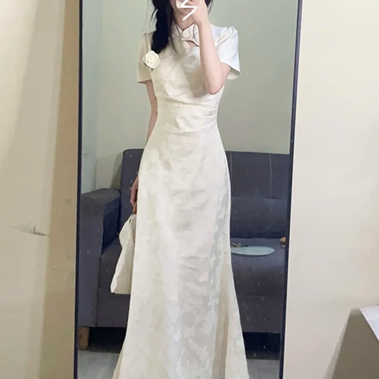New Style Petite Women's Summer Dress, New Chinese Style Improved Qipao, Beautiful Waist-Cinching White Long Dress, Fashionable New Style Petite Women's Summer Dress, New Chinese Style Improved Qipao, Beautiful Waist-Cinching White Long Dress, Fashionable