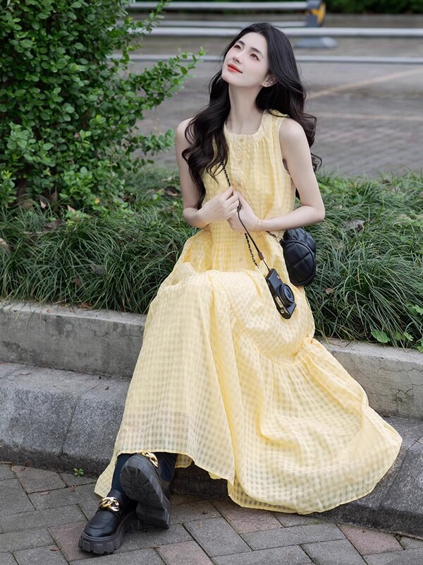French-Style Yellow Plaid Sleeveless Vest Dress for Women, Summer A-Line Long Dress, Dopamine Beach Vacation Style Dress