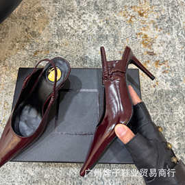 2026新款酒红色性感包头凉鞋夏女后绊带漆皮百搭细跟尖头高跟鞋女