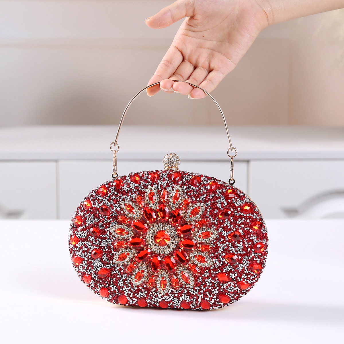 337g Weight Polyester Lining Material Lock clasp Closure Type Top Handle Strap Type Evening Bag Bags Type Party Occasion Pu Leather Material Printing Pattern All Seasons Season Women's Gender Diamond Design Elegant Style Oval Shape Small Size Pu Leather Printing Oval Evening Bags 3