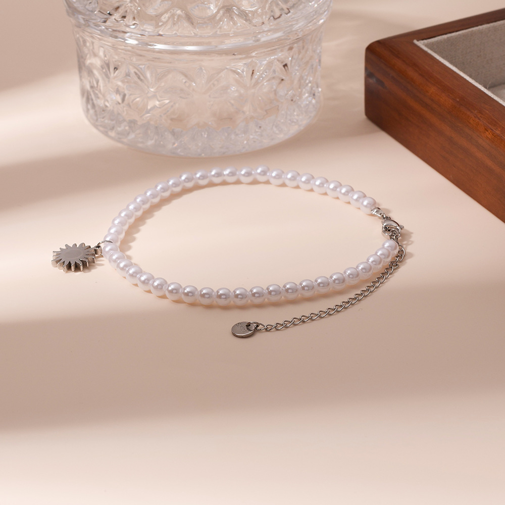 Amazon joyería de temperamento transfronterizo perla de una sola capa accesorios de girasol de acero inoxidable tobillera al por mayor 18K