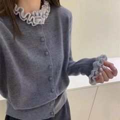法式木耳边秋季撞色宽松针织开衫女减龄女装上衣长袖毛衣女针织衫