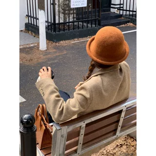 【芙梦】卷边焦糖棕羊毛渔夫帽女高级感帽子显脸小礼帽圆顶盆帽