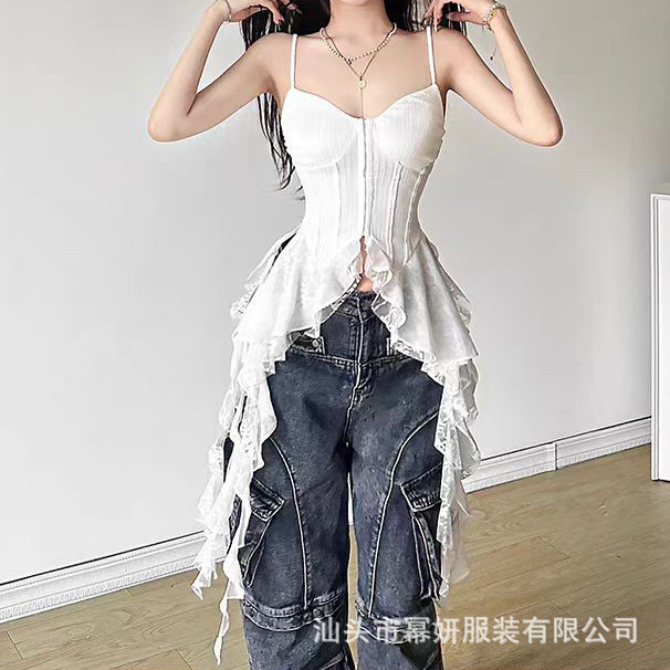 Pure Desire Style French Style Sling Long Dress Irregular Ruffled Waist Vest Fairy Fluttering Lace Stitching Top Pure Desire Style French Style Sling Long Dress Irregular Ruffled Waist Vest Fairy Fluttering Lace Stitching Top