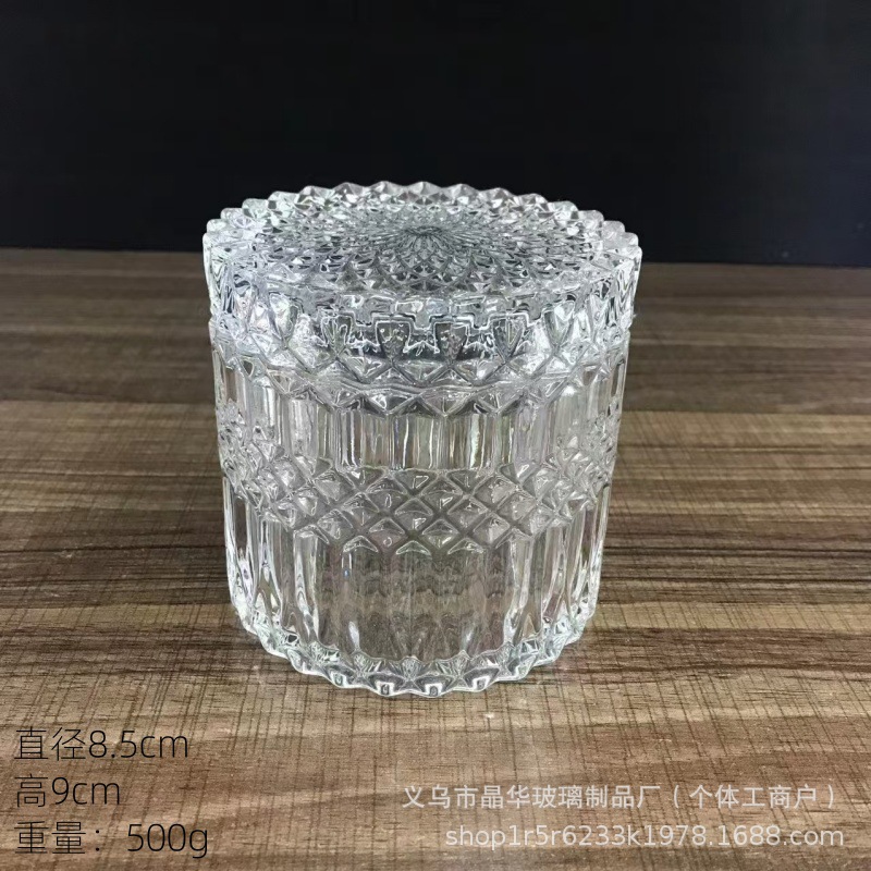Taza de vidrio transparente de vidrio cristal con tapa de taza de vela de incienso con patrón de relieve conjunto