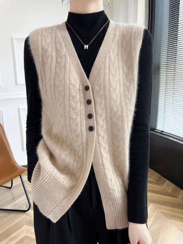 カシミヤのコートのベストの女性の秋冬の新型の純ウールのニットのベストのカーディガンはゆったりとしています。|undefined