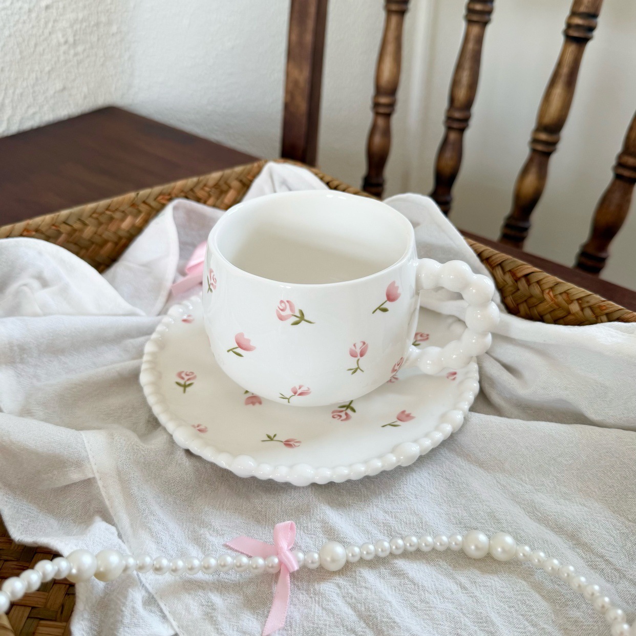Ins estilo francés mano irregular cerámica taza de café plato mango de cuentas amor plato de té de la tarde taza transfronteriza