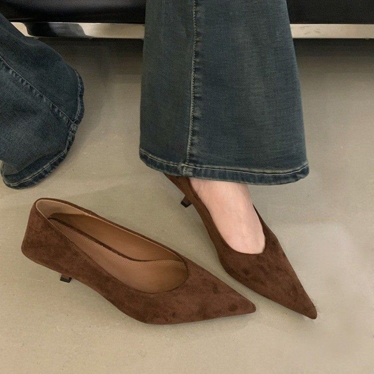 2025 New Style French-Style Thin-Heeled Pointed-Toe Women's Shoes, Spring and Autumn Suede Shallow Mouth Versatile Elegant High-Heeled Shoes 2025 New Style French-Style Thin-Heeled Pointed-Toe Women's Shoes, Spring and Autumn Suede Shallow Mouth Versatile Elegant High-Heeled Shoes