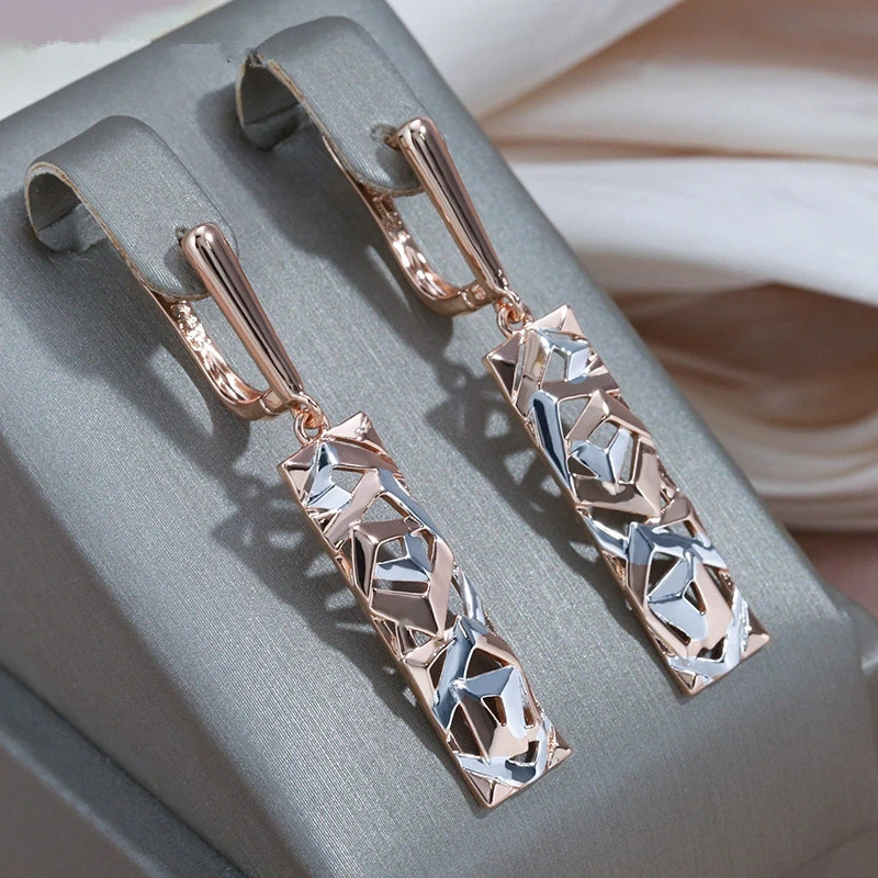 Elegant Rectangular Two-tone Hollow Stud Earrings