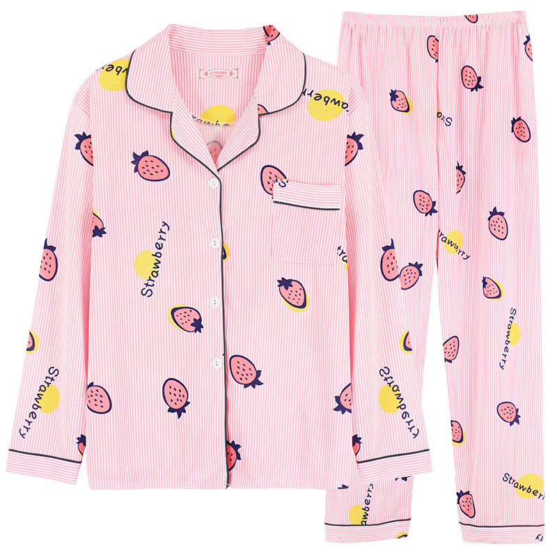 Pijama de las mujeres de primavera y otoño de manga larga a cuadros solapa cardigan comercio exterior de las mujeres delgadas impreso ropa de casa traje de pijama