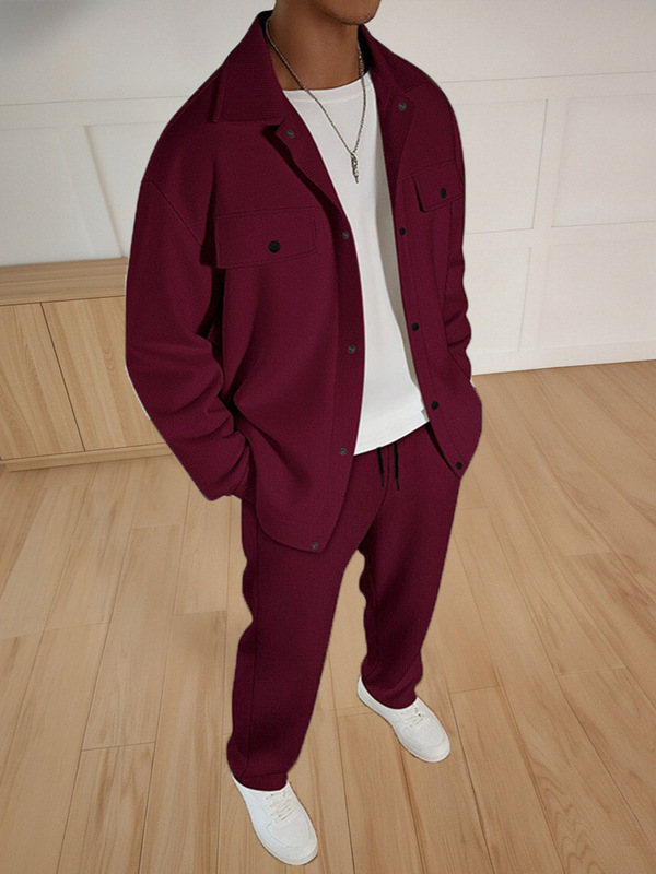 Cross-Border New Men's Casual Sports Suit Double Pocket Lapel Jacket Straight Pants Suit Two-Piece Set