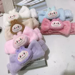 Плюшевая повязка на голову Rabbu, мультяшная с лицом и бабочкой на конце, мягкая для умывания и макияжа