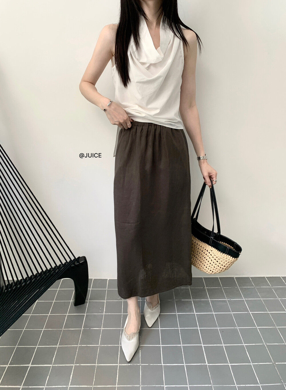 Chân váy linen cạp chun chữ A dáng dài nữ phong cách tối giản — màu đen, Xanh đen, Xanh nước biển, Màu cà phê chi tiết 21