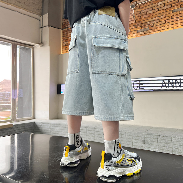 Men's Clothing Distressed Wash Denim Capri Pants For Kids - Stretch Waist Comfort Fit - Unisex Flannel-Lined Casual Trousers (120-170cm, Indigo Blue)_voghion.com