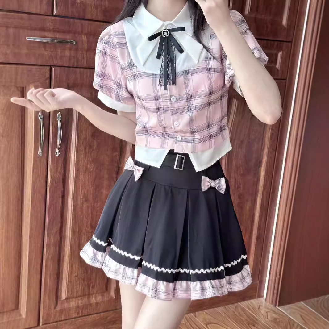 한국 소녀 대학 스타일 귀여운 달콤한 소녀 블랙 파우더 JK 유니폼 세트 작은 여름 소녀