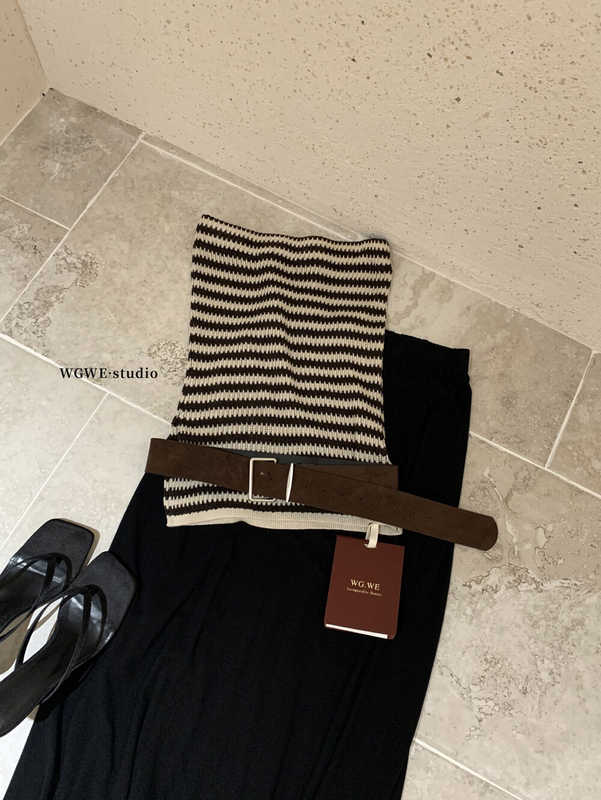 WGWE秋季辣妹风修身显瘦条纹开叉抹胸无袖针织衫女W7390(配皮带)|undefined