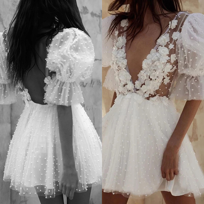 European and American Cross-border Mini Short Wedding Dress Low V-neck Half Sleeve Pearl Flower Bridal Dress Sexy Backless Factory Outlet