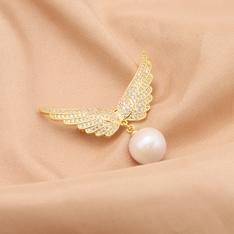 Natural perla broche Ángel alas nicho de alta calidad accesorios ramillete ZIRCON micro-incrustaciones 18K oro real electrochapado mujeres image 2
