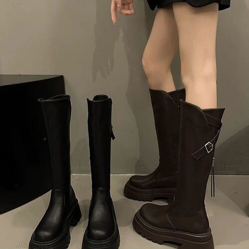 Knight Boot Thick Sole 2024 Autumn/Winter New Model Back Zip High Cylinder Knee-High Mini Girl Elastic Long Boots