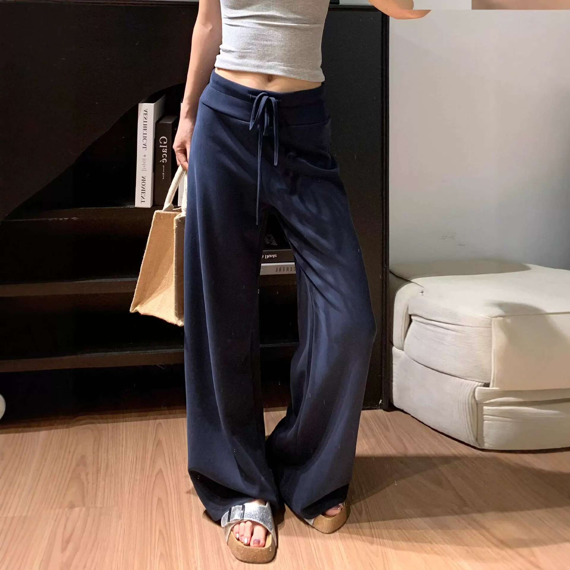 藏青色美式运动裤女夏季新款高腰垂感休闲裤小个子拖地直筒阔腿裤