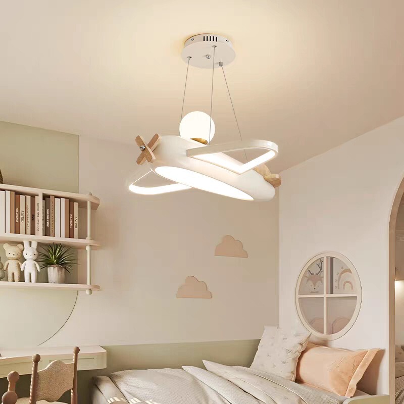 Children's Room Cute Popular Wood Art Led White Blue Cream Style Aircraft Ceiling Lamp Chandelier Kidsren's Lamp