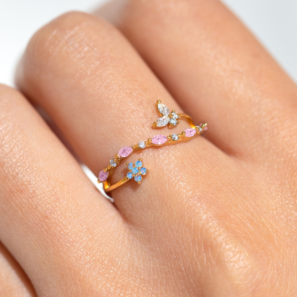 Heart Shape, Butterfly Pattern Copper Inlay Heart Shape Butterfly Zircon Open Rings