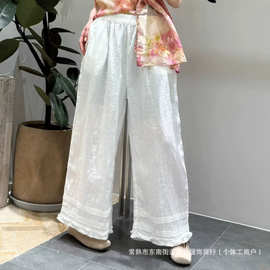2026夏季新款亚麻休闲裤女文艺百搭简约纯色松紧腰系带宽松直筒裤