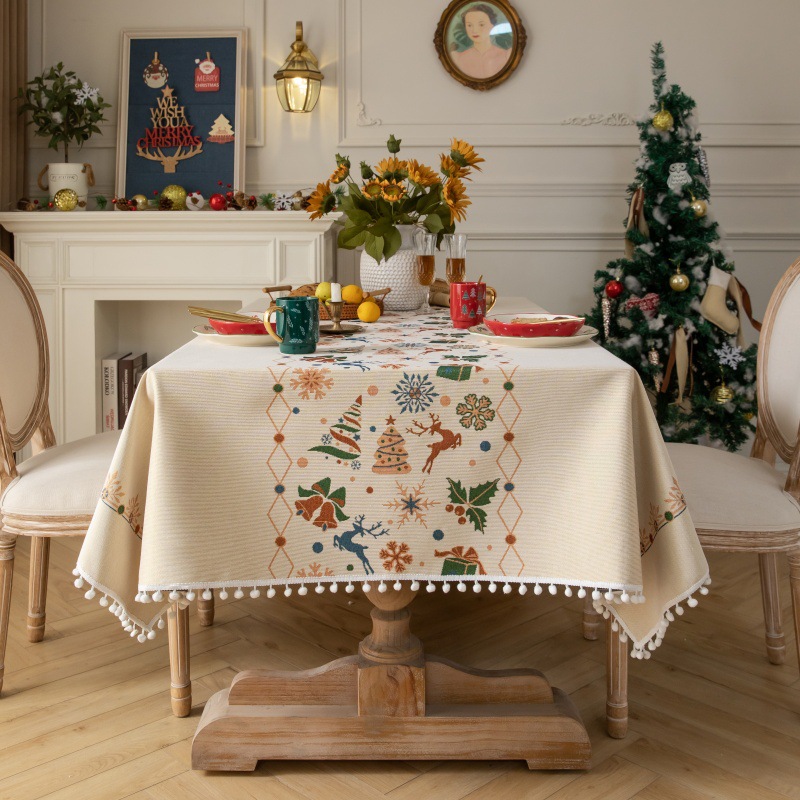 Christmas New Jacquard Tablecloth Beige Snowflake Christmas Deer Snowman Rectangular Cross-Border Foreign Trade Tablecloth Manufacturer