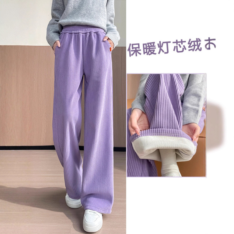 Purple Corduroy Wide-Leg Pants for Women, Winter Fleece-Lined Warm Straight Casual Pants, Stylish Slim-Fit Striped Long Pants Purple Corduroy Wide-Leg Pants for Women, Winter Fleece-Lined Warm Straight Casual Pants, Stylish Slim-Fit Striped Long Pants
