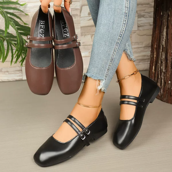 Cross-Border Large Size Double-Buckle Mary Jane Shoes for Women, 2026 New Fairy Style, Suitable for Pairing with Dresses, Square-Toed Shallow Single Shoes