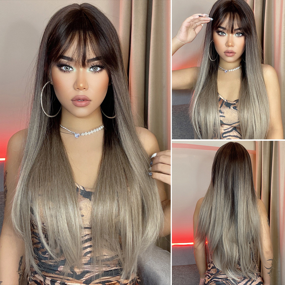 Pelucas al por mayor de estilo europeo y americano, de fibra sintética resistente al calor, con flequillo completo, grados grises degradados, cabello largo y liso, nuevo estilo transfronterizo.