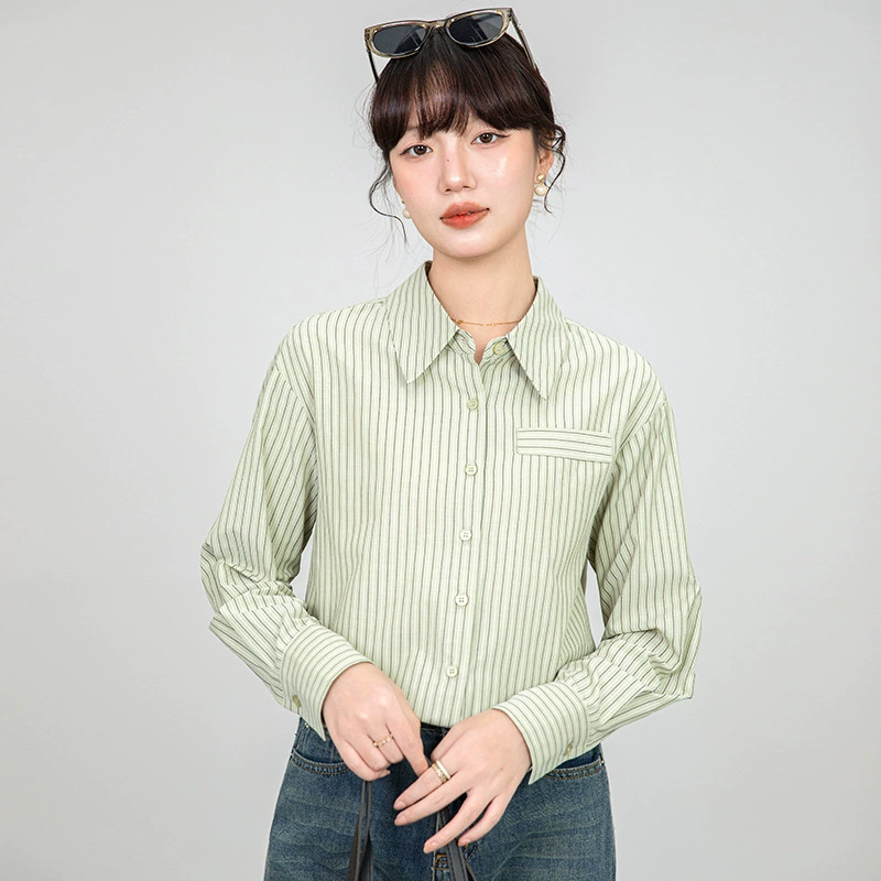 Реальная стрельба Простой стильный зеленый полосатый рубашка женская весна и осень новый внутренний топ