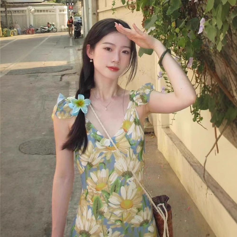 차 브레이크 프랑스 유화 꽃 슬링 원피스 어린이 여름 새 해변 해변 달콤한 미디 원피스