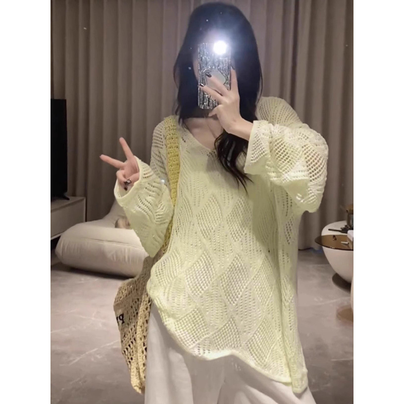 Bohemian Style Mesh Hollow Crochet Sweater Women's Summer Sunscreen Blouse with Small Ware Shoulder See-through Thin Top