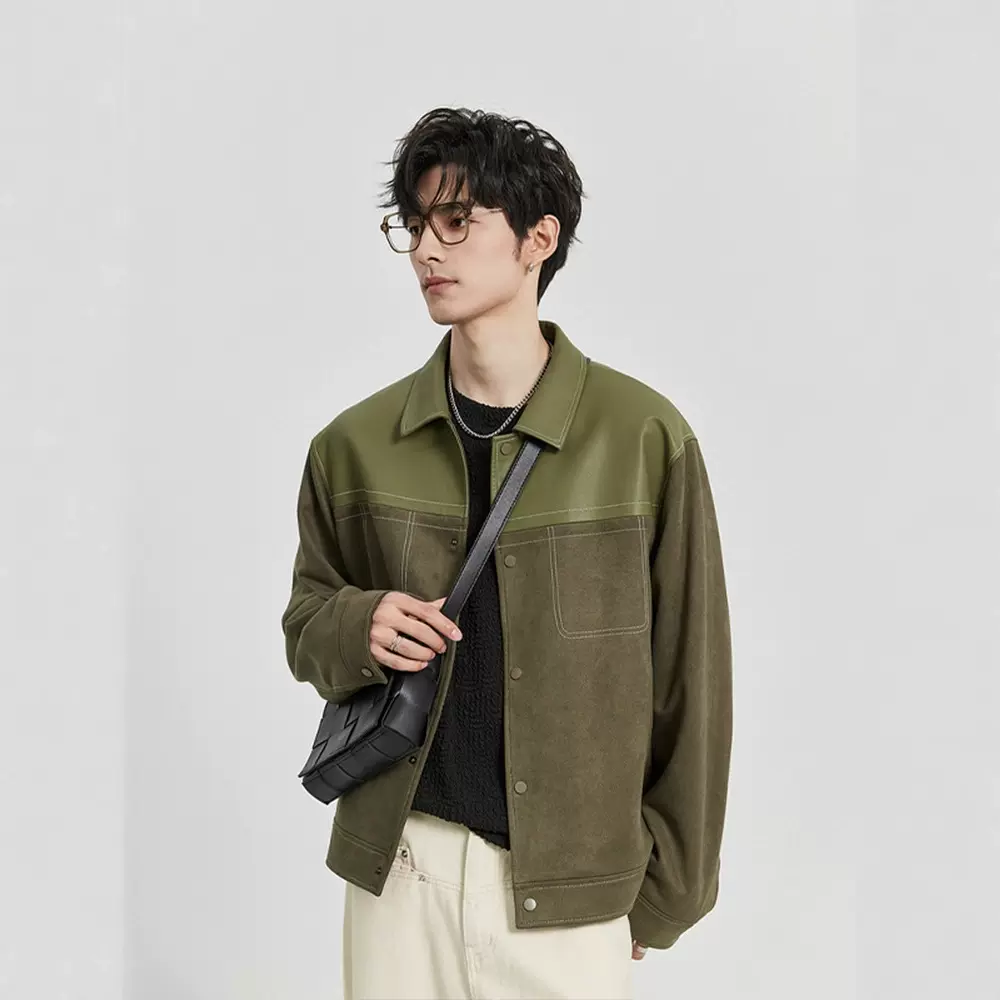 佳琪同款皮夹克男士外套拼接设计韩版休闲新款皮衣上衣丨源头工厂