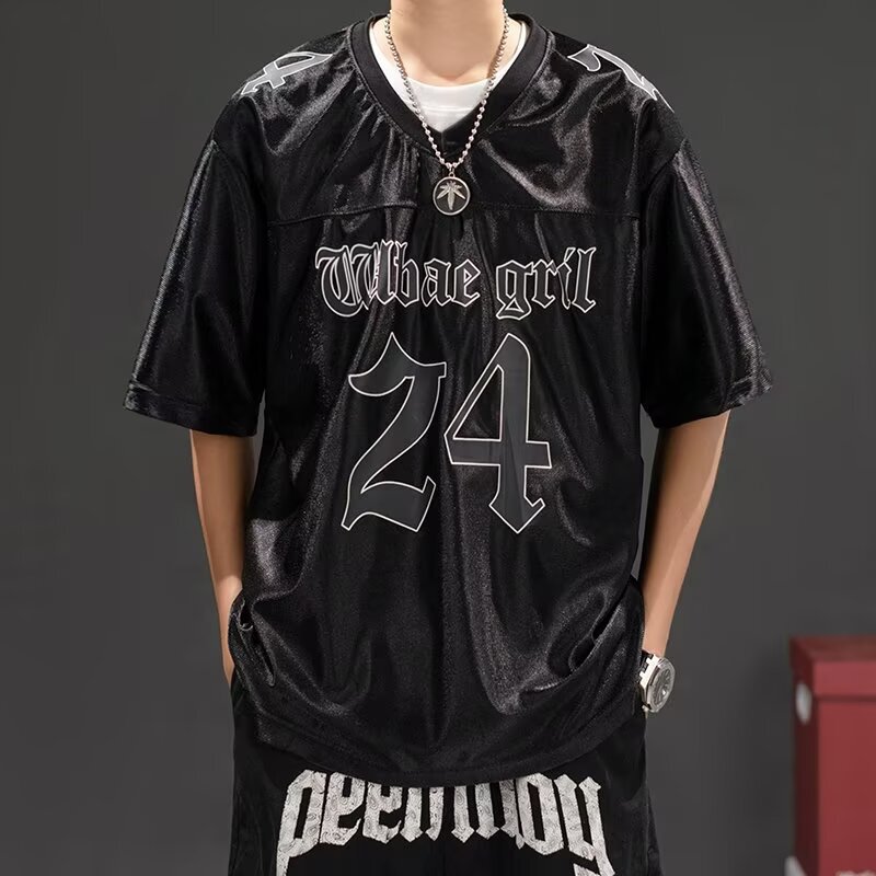 2024 new summer niche retro V-neck sports leisure stitching with boyfriend jersey T-shirt short sleeve wholesale