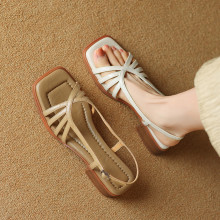 复古罗马真皮凉鞋女夏季2025新款粗跟中跟方头细带露趾百搭高跟鞋