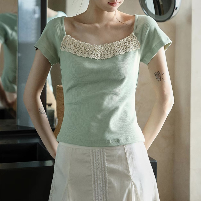 Lalqalow French-Style Vintage Handmade Crochet Hollow-Out Slim-Fit Lace Short-Sleeve Women's Skin-Friendly Top for Summer