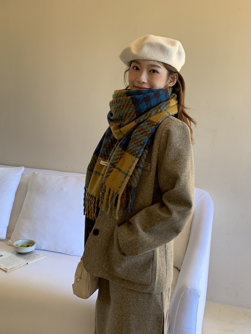 Women's Cashmere Scarf In Retro Blue Thousand Bird Grid Pattern_voghion.com
