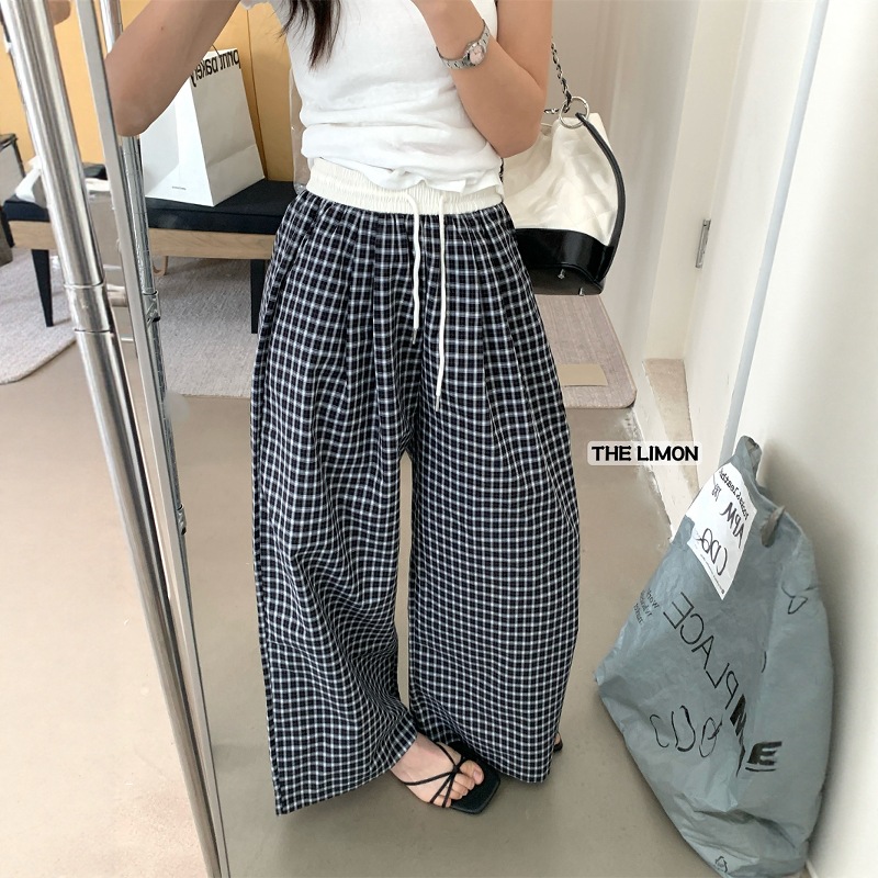 THE LIMON Lemon Green Tea Verano Nuevo estilo coreano Colisionamiento Cordón Delgado a cuadros Pantalones rectos casuales Mujeres image 1