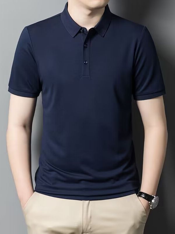 Camisa de polo de comercio exterior de seda de morera Camiseta de manga corta para hombre verano negocios de mediana edad más tamaño solapa color sólido ropa de hombre suelta
