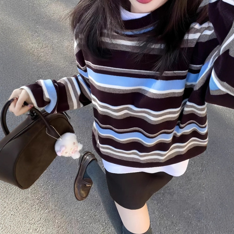 法式复古撞色条纹长袖毛衣女秋季独特超好看设计感宽松针织上衣潮|undefined