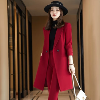 红色小西装外套女中长新款2021时尚气质春秋高端西服风衣职业套装