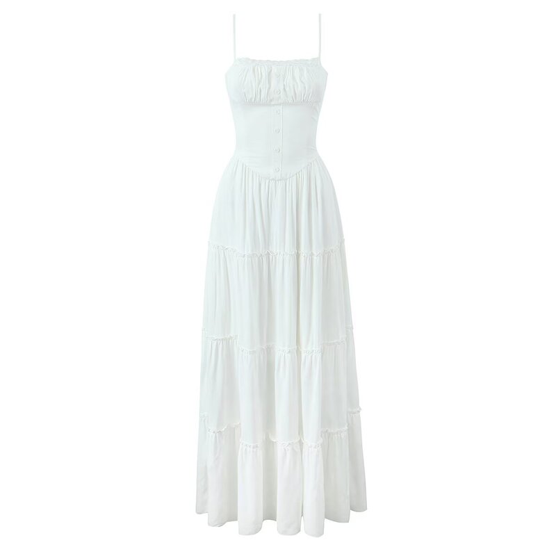 Europe and the United States wholesale 2025 spring and summer new white strap dress pleated backless dress E4-A629