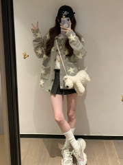 韩系翻领灰色针织开衫女2025秋冬季新款设计感慵懒风毛衣外套上衣